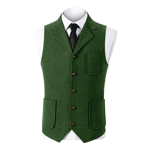 ZCFZJW Mens Retro Suit Vest Vintage Single Breasted Button Tweed Wool Regular Fit Dress Waistcoat Herringbone for Jacket Green M