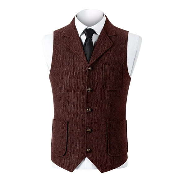 ZCFZJW Mens Retro Suit Vest Vintage Single Breasted Button Tweed Wool Regular Fit Dress Waistcoat Herringbone for Jacket Wine XS