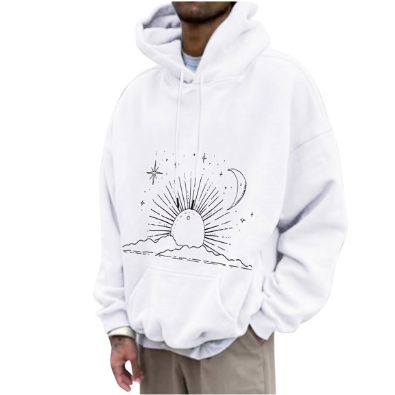 ZCFZJW Mens Retro Sun and Moon Graphic Hoodie Lightweight Pullover Sweatshirts Cool Hooded Long Sleeve Shirts with Drawstring Pockets White M