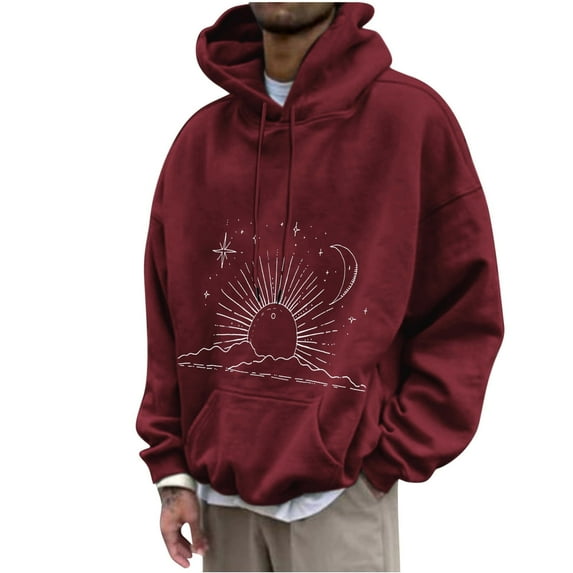 ZCFZJW Mens Retro Sun and Moon Graphic Hoodie Lightweight Pullover Sweatshirts Cool Hooded Long Sleeve Shirts with Drawstring Pockets Wine M