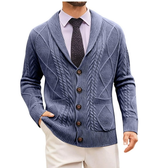ZCFZJW Mens Shawl Collar Cardigan Sweater Slim Fit Button Down V Neck Long Sleeve Cable Knitted Sweater with Pockets Navy L