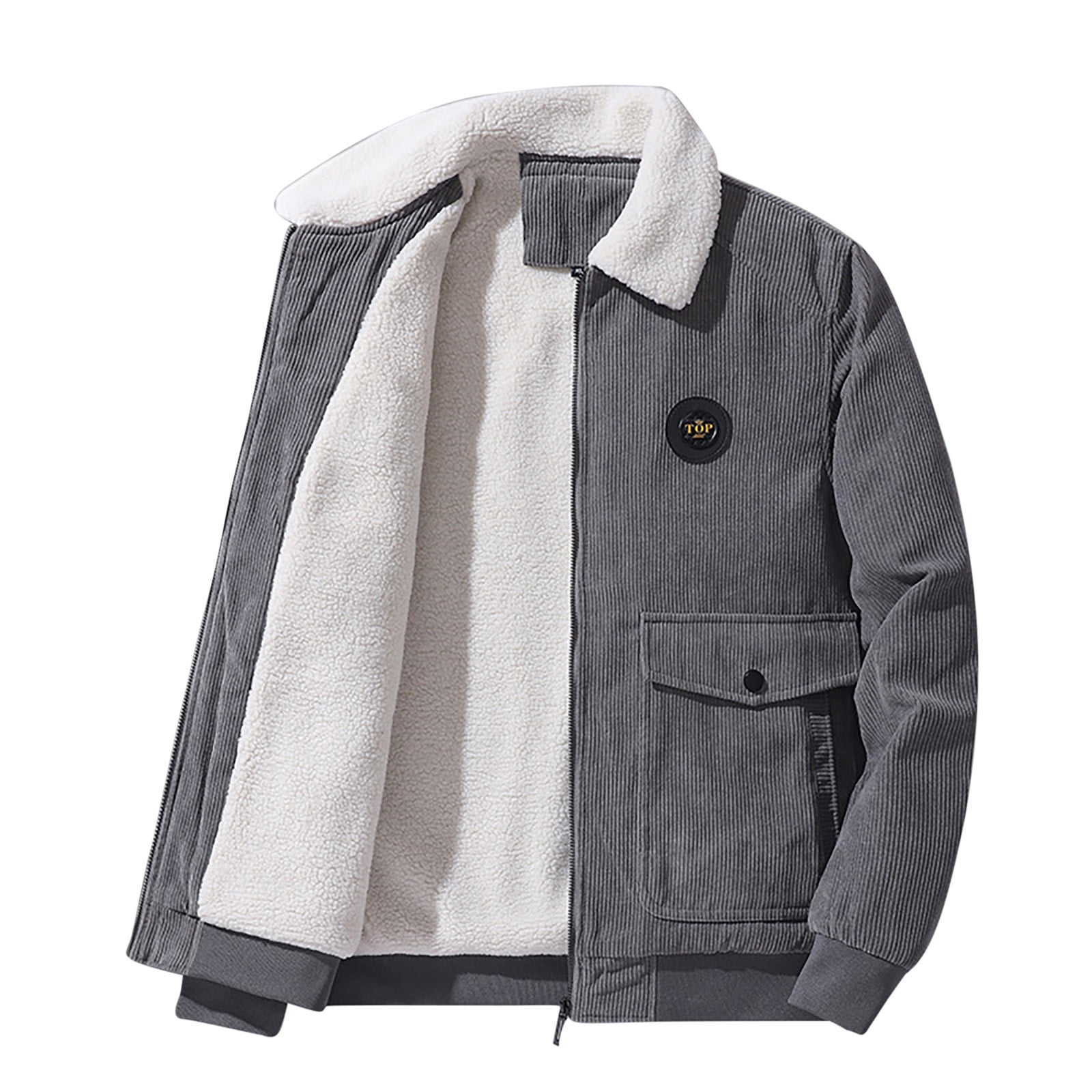 ZCFZJW Mens Sherpa Fleece Lined Warm Coat Winter Long Sleeve Full Zip Up Corduroy Thickened Jackets Velvet Lapel Oversize Coat Outwear Tops with Pockets Gray L