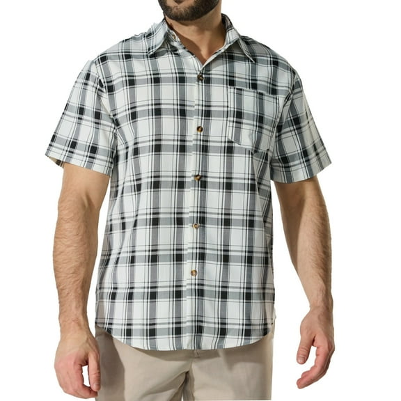 ZCFZJW Mens Short Sleeve Button Down Shirt Plaid Button Up Shirts Casual Soft Cotton Business Work Shirts Tops with Pockets White L
