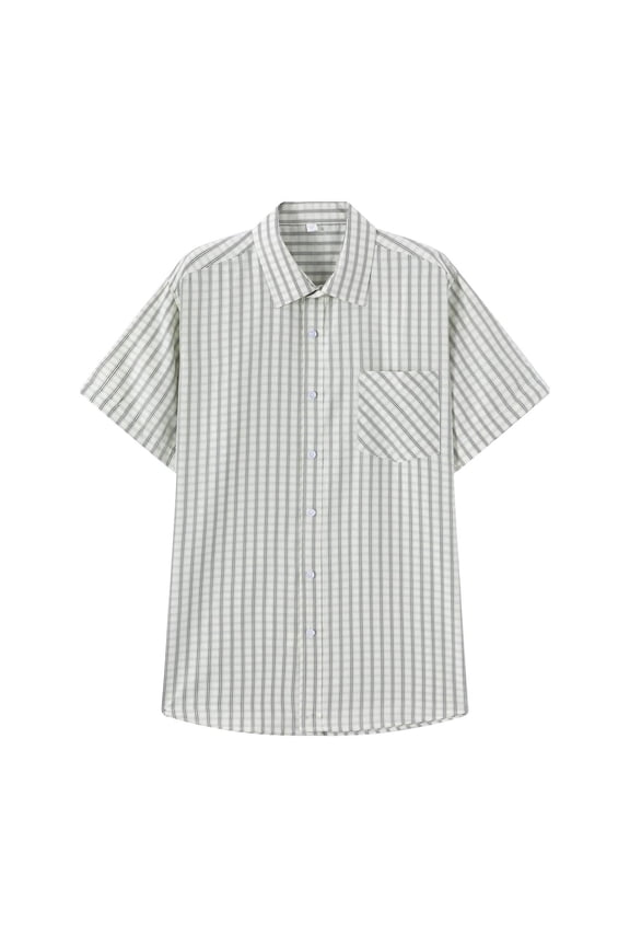 Mens Short Sleeve Button Down Shirts Casual Slim Fit Basic Striped Plaid Shirts Dress Work Business T-Shirts for Men Green#01 L
