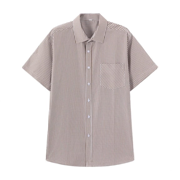 ZCFZJW Mens Short Sleeve Button Down Shirts Casual Slim Fit Basic Striped Plaid Shirts Dress Work Business T-Shirts for Men Khaki#02 XL