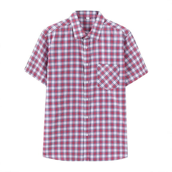 ZCFZJW Mens Short Sleeve Button Down Shirts Casual Slim Fit Basic Striped Plaid Shirts Dress Work Business T-Shirts for Men Red#01 XXXL