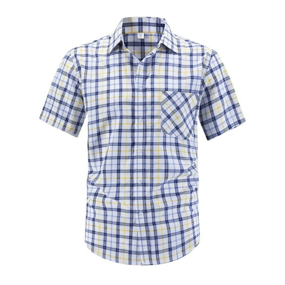 ZCFZJW Mens Short Sleeve Button Down Shirts Casual Slim Fit Basic Striped Plaid Shirts Dress Work Business T-Shirts for Men Yellow XL
