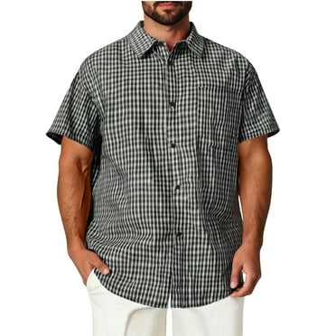 ZCFZJW Mens Short Sleeve Button Down Shirt Lattice Plaid Button Up Shirts Casual Soft Cotton Work Shirts Loose Regular Fit Beach Hawaiian Shirts Tops with Pockets Black L