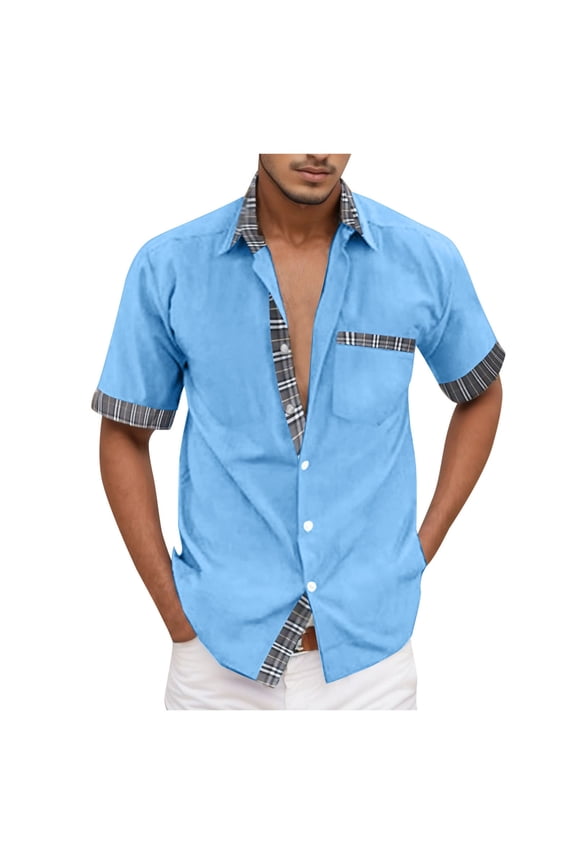 Mens Short Sleeve Casual Button Down Shirts Plaid Patchwork Untucked Dress Shirts with Pocket Trendy Lapel Collar Hawaiian Shirt Blue XL