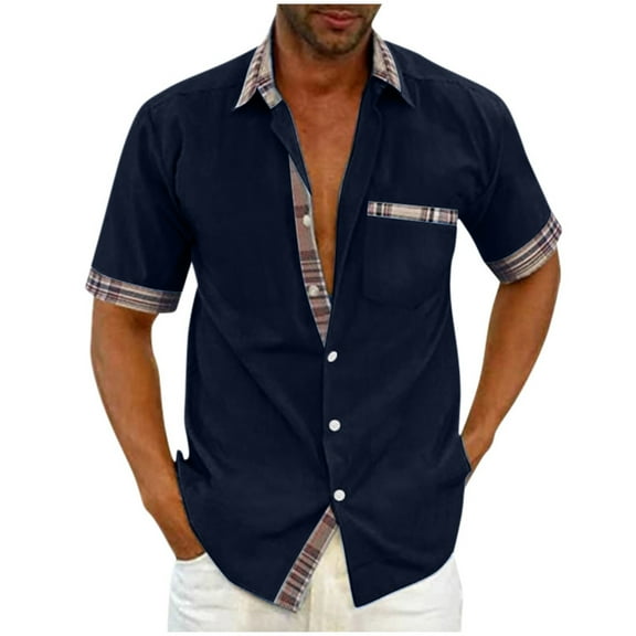 ZCFZJW Mens Short Sleeve Dress Shirts Big and Tall Regular Fit Casual Wrinkle Free Shirt Plaid Collar Summer Button Down Beach Hawaiian T-Shirt Tops with Pockets Dark Blue XXXL