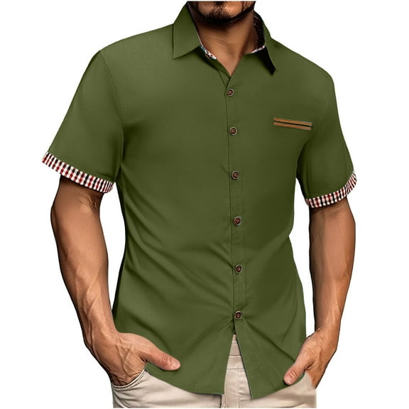 ZCFZJW Mens Short Sleeve Dress Shirts Casual Wrinkle Free Shirt Plaid Collar Summer Button Down Work Business Shirts Army Green XXL