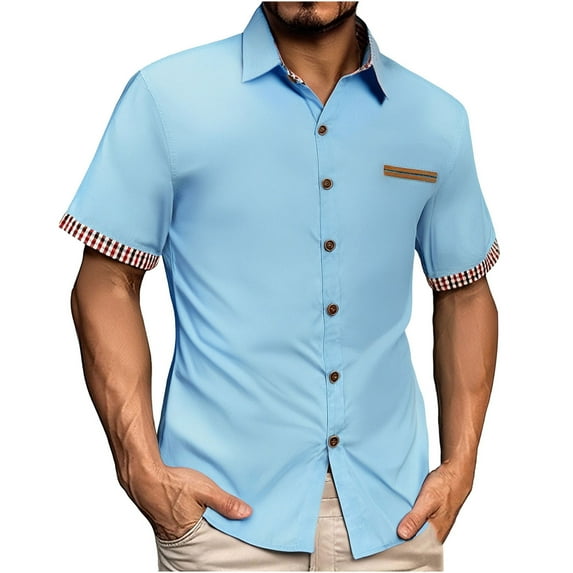 ZCFZJW Mens Short Sleeve Dress Shirts Casual Wrinkle Free Shirt Plaid Collar Summer Button Down Work Business Shirts Sky Blue L
