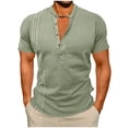thumbnail image 1 of ZCFZJW Mens Short Sleeve Guayabera Shirts Linen Cotton 1/4 Button up Henley Shirts Mexican Embroidered Cuban Wedding Shirt Summer Beach Tops Army Green S, 1 of 8