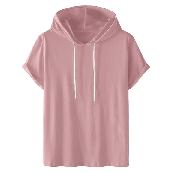 ZCFZJW Mens Short Sleeve Hooded Pullover Tops Lightweight Casual Drawstring Athletic Hoodie T-Shirts Trendy Solid Color Workout Sweatshirts Pink L