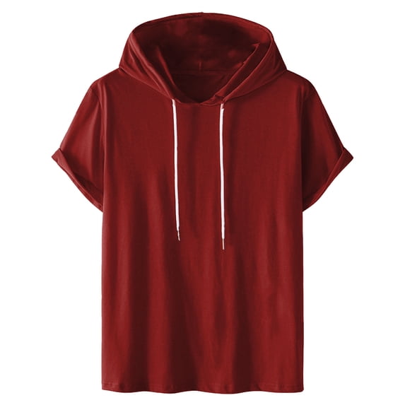 ZCFZJW Mens Short Sleeve Hooded Pullover Tops Lightweight Casual Drawstring Athletic Hoodie T-Shirts Trendy Solid Color Workout Sweatshirts Wine S