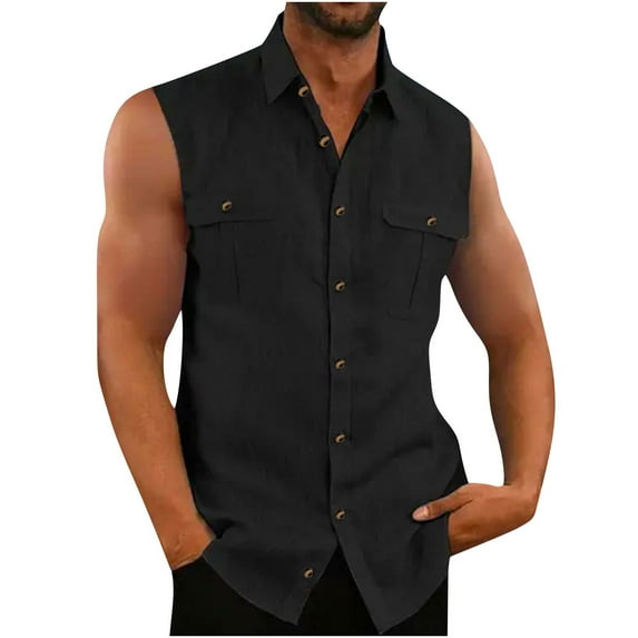 ZCFZJW Mens Sleeveless Button Down Shirts Trendy Soft Linen Cotton Summer Beach Hawaiian Shirt Loose Basic Tank T-Shirt Tops Black M