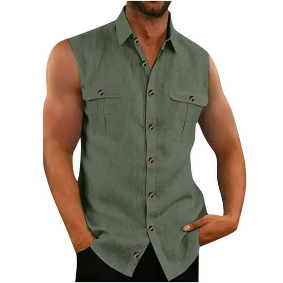 ZCFZJW Mens Sleeveless Button Down Shirts Trendy Soft Linen Cotton Summer Beach Hawaiian Shirt Loose Basic Tank T-Shirt Tops Green XXXL