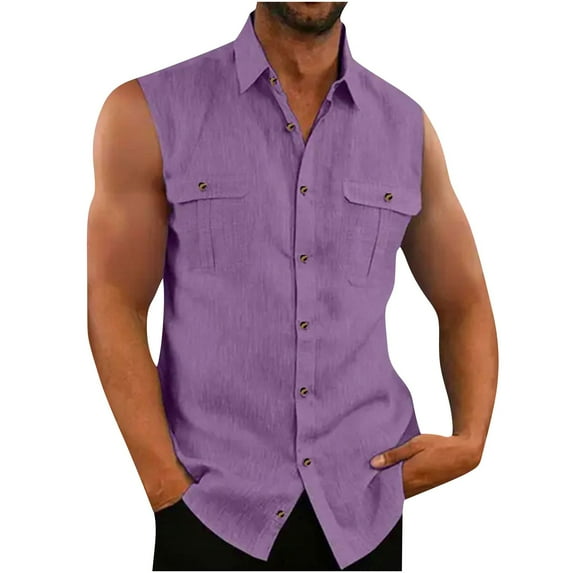 ZCFZJW Mens Sleeveless Button Down Shirts Trendy Soft Linen Cotton Summer Beach Hawaiian Shirt Loose Basic Tank T-Shirt Tops Purple XXL