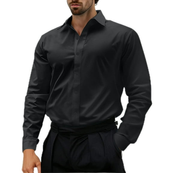 ZCFZJW Mens Slim Fit Dress Shirts Stretch Long Sleeve Basic Formal Shirts Solid Business Casual Button Down Work Business T-Shirts Black XXL