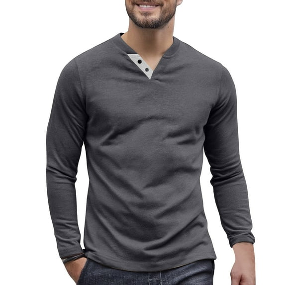 ZCFZJW Mens Soft Cotton Henley T-Shirts Dress Long Sleeve Basic Slim Fit Athletic Tees Tops Casual Collarless Quarter Button Pullover Dark Gray L