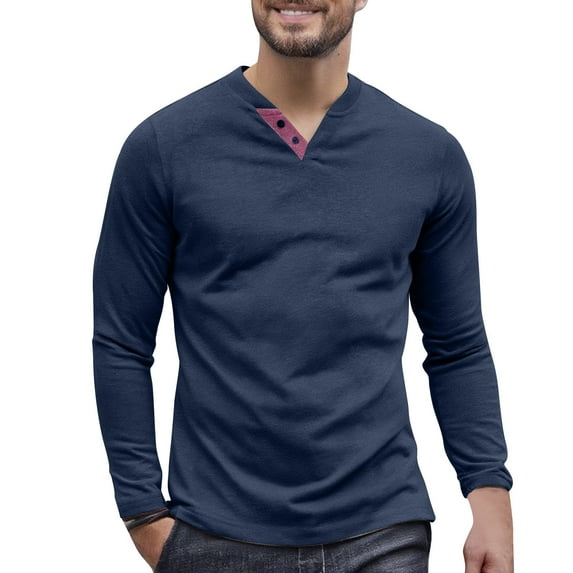 ZCFZJW Mens Soft Cotton Henley T-Shirts Dress Long Sleeve Basic Slim Fit Athletic Tees Tops Casual Collarless Quarter Button Pullover Navy L