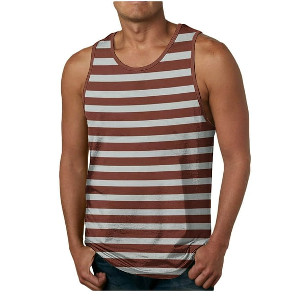 ZCFZJW Mens Sports Tank Tops Striped Color Block Printed Summer Sleeveless Round Neck Athletic Gym Bodybuilding Fitness Shirts for Beach Running Workout Brown#01 XXL