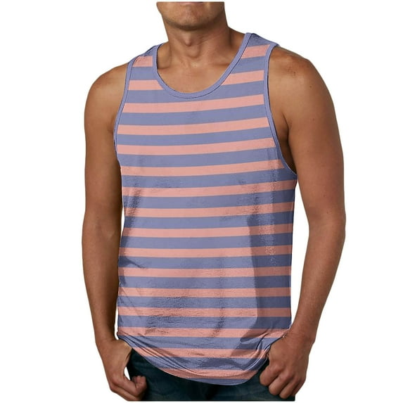 ZCFZJW Mens Sports Tank Tops Striped Color Block Printed Summer Sleeveless Round Neck Athletic Gym Bodybuilding Fitness Shirts for Beach Running Workout Pink M