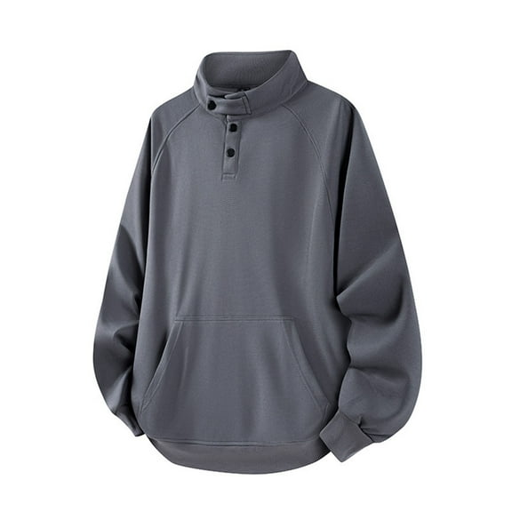 ZCFZJW Mens Stand Collar Pullover Sweater Casual Quarter Button up Closure Raglan Sleeve Ribbed Stitching Knit Textured Sweater with Kangaroo Pockets Dark Gray XL
