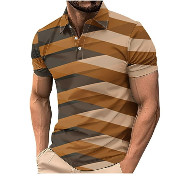 ZCFZJW Mens Striped Color Block Print T-Shirts Lightweight Casual Summer Short Sleeve Button up V Neck Henley Shirts Loose Regular Fit Comfy Workout Tees Tops Brown XXXXL