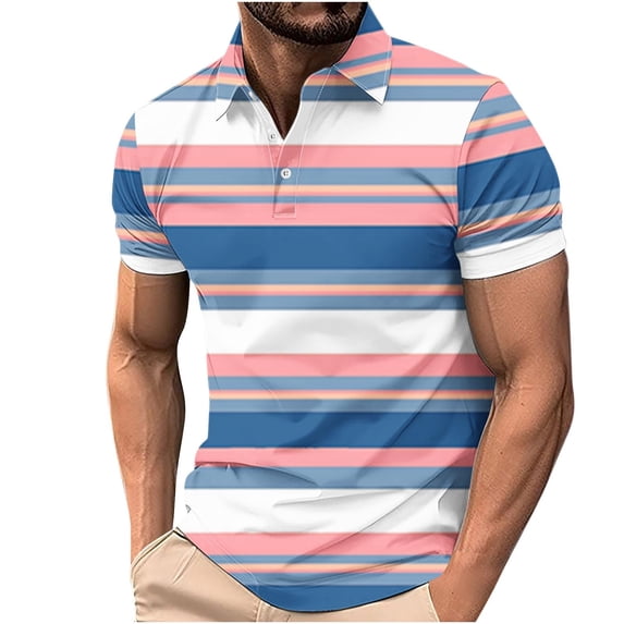 ZCFZJW Mens Striped Color Block Print T-Shirts Lightweight Casual Summer Short Sleeve Button up V Neck Henley Shirts Loose Regular Fit Comfy Workout Tees Tops Multicolor#07 L