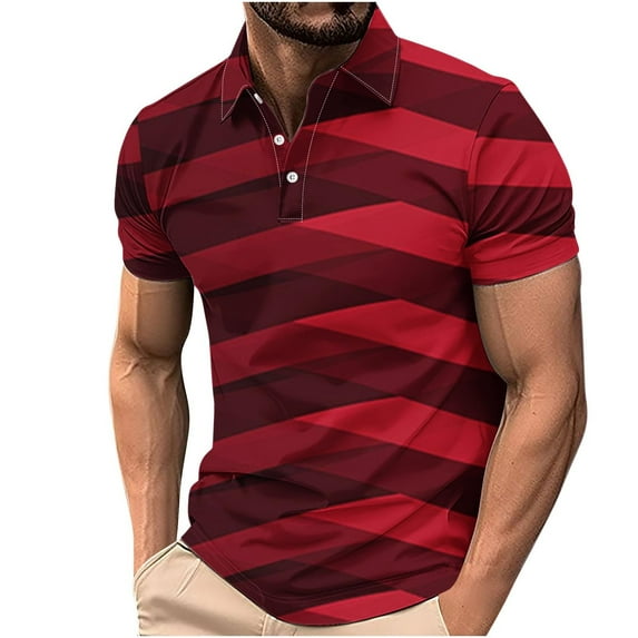 ZCFZJW Mens Striped Color Block Print T-Shirts Lightweight Casual Summer Short Sleeve Button up V Neck Henley Shirts Loose Regular Fit Comfy Workout Tees Tops Red XXXL