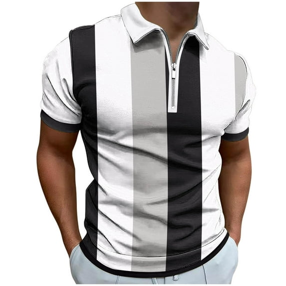 ZCFZJW Mens Striped Color Block Printed Polo Shirts Casual Short Sleeve Half Zip up Lapel Collar V Neck Pullover Tops Slim Fit Basic Golf T-Shirts Gray XL