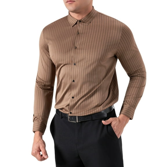 ZCFZJW Mens Striped Dress Shirts Long Sleeve Textured Satin Party Shirt Slim Fit Wrinkle-Free Button Down Work Business Shirts Khaki XXXL