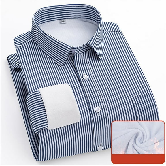 ZCFZJW Mens Striped Dress Shirts Regular Fit Thermal Fleece Lined Cotton Long Sleeve Stretch Business Work Shirts for Men with Pockets Blue XL