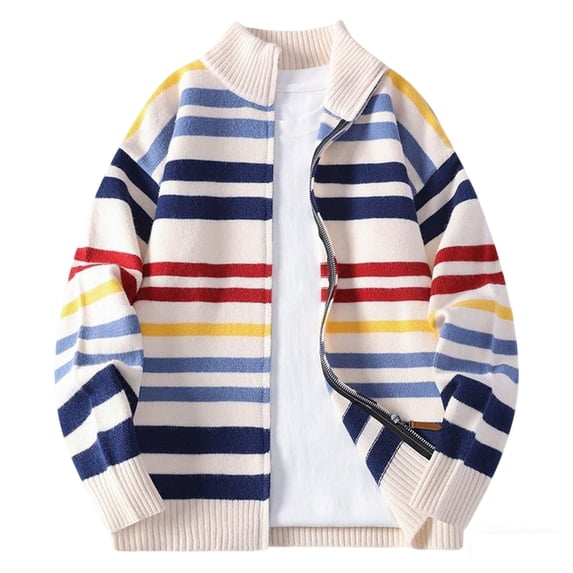 ZCFZJW Mens Striped Sweaters Fall Lightweight Casual Long Sleeve Full Zip up Cardigan Outwear Jackets Loose Regular Fit Cable Knit Pullover Tops Beige M