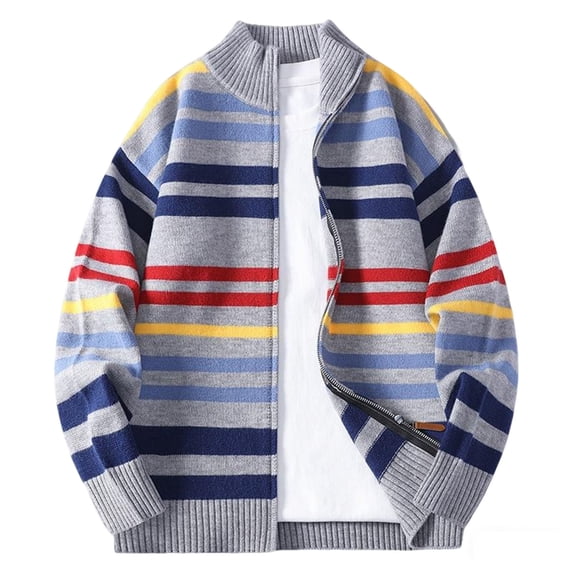 ZCFZJW Mens Striped Sweaters Fall Lightweight Casual Long Sleeve Full Zip up Cardigan Outwear Jackets Loose Regular Fit Cable Knit Pullover Tops Multicolor XXXXL