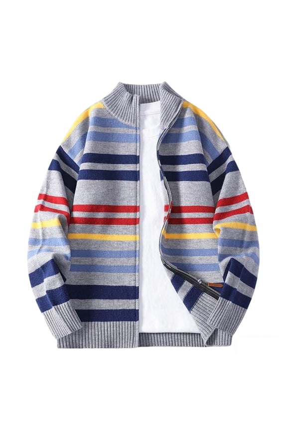 Mens Striped Sweaters Fall Lightweight Casual Long Sleeve Full Zip up Cardigan Outwear Jackets Loose Regular Fit Cable Knit Pullover Tops Multicolor L