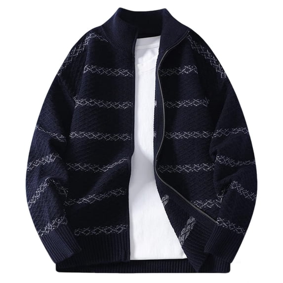 ZCFZJW Mens Striped Sweaters Fall Lightweight Casual Long Sleeve Full Zip up Cardigan Outwear Jackets Loose Regular Fit Cable Knit Pullover Tops Navy XXL