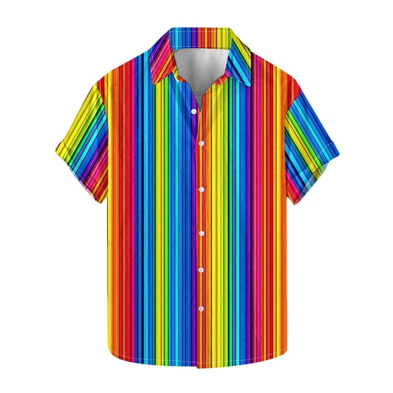 ZCFZJW Mens Summer Short Sleeve Button Down T-Shirts Casual Colorful Striped Print Hawaiian Tees Tops Loose Fit Collared Beach Shirts Multicolor#09 XXXL