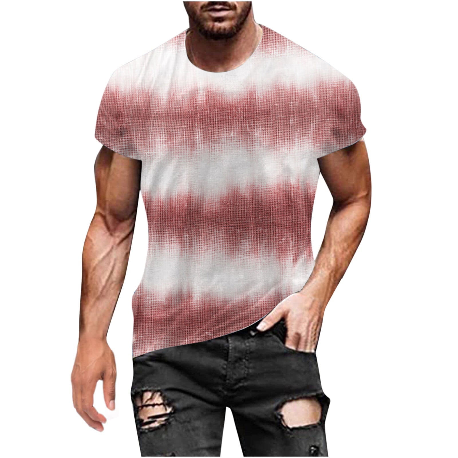 ZCFZJW Mens Summer Short Sleeve T-Shirts Big and Tall Graphic Crewneck Tees  Trendy Funny 3D Gradient Tie Dye Print Tops Loose Regular Fit Basic Tshirt  Pink S 