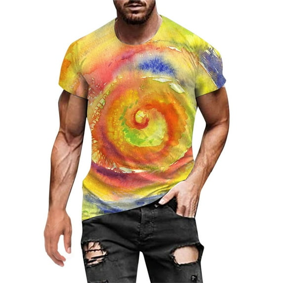 ZCFZJW Mens Summer Short Sleeve T-Shirts Big and Tall Graphic Crewneck Tees Trendy Funny 3D Gradient Tie Dye Print Tops Loose Regular Fit Basic Tshirt Z#01-Yellow XXXXL