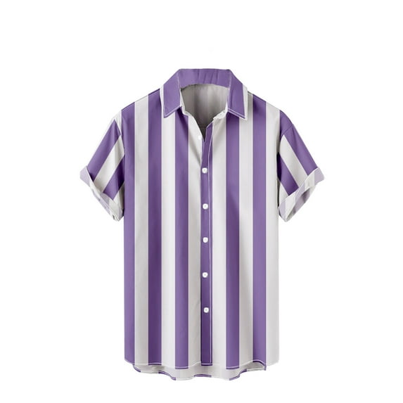 ZCFZJW Mens Summer Striped Button Down Shirts Casual Printed Short Sleeve Graphic Big and Tall Regular Fit Top Beach Hawaiian Shirt Purple XXXL