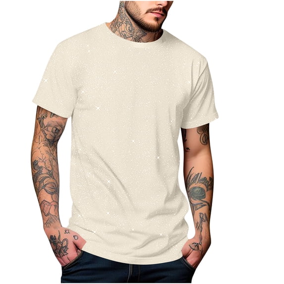 ZCFZJW Mens Summer Tshirt Sparkly Glitter Short Sleeve Shirts Trendy Basic Cotton Crewneck Tee Tops Dressy Casual Regular Fit Athletic Shirts Beige L