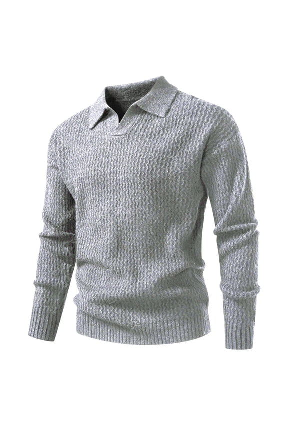 Mens Sweater V Neck Pullover Sweaters Lightweight Casual Fall Spring Long Sleeve Cable Knit Textured Collared Sweater Tops Gray L