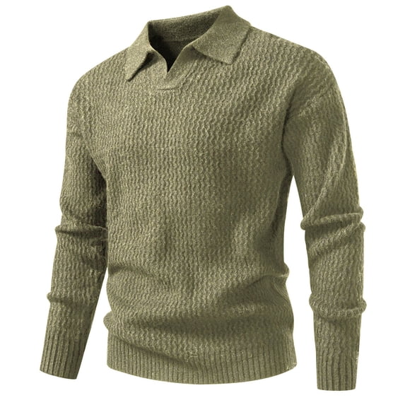 ZCFZJW Mens Sweater V Neck Pullover Sweaters Lightweight Casual Fall Spring Long Sleeve Cable Knit Textured Collared Sweater Tops Green XXXL