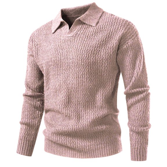 ZCFZJW Mens Sweater V Neck Pullover Sweaters Lightweight Casual Fall Spring Long Sleeve Cable Knit Textured Collared Sweater Tops Pink M
