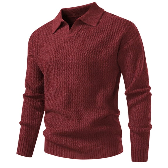 ZCFZJW Mens Sweater V Neck Pullover Sweaters Lightweight Casual Fall Spring Long Sleeve Cable Knit Textured Collared Sweater Tops Wine L
