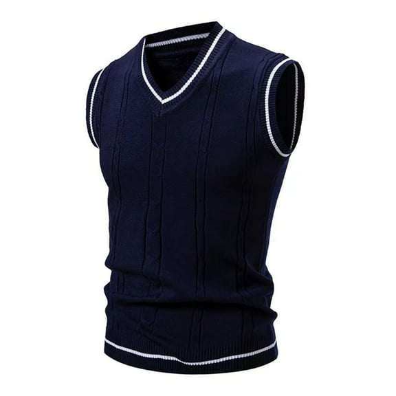 ZCFZJW Mens Sweater Vest Casual Sleeveless V Neck Sweaters Striped Cable Knit Vests Lightweight Slim Fit Pullover Jumper Sweaters Tops Navy XL