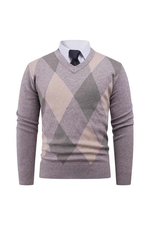 Mens Sweaters Fall Winter Casual V Neck Ribbed Knit Slim Fit Long Sleeve Argyle Pullover Lightweight Comfy Knitwear Tops Khaki XL