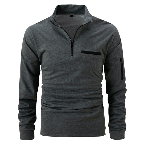 ZCFZJW Mens Sweatshirts Casual Long Sleeve Half Zip up Stand Collar V Neck Pullover Tops Trendy Regular Fit Solid Color Basic Workout T-Shirts with Pocket Dark Gray L